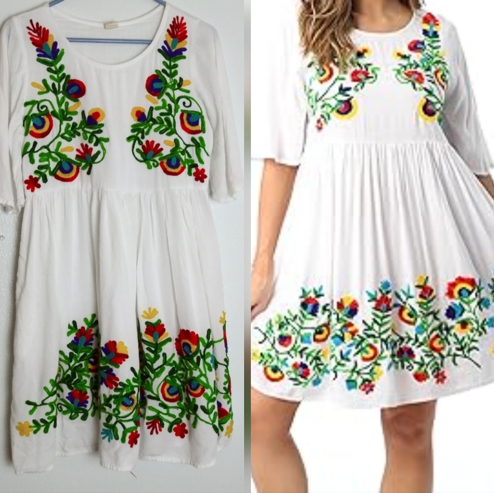 Rayon Crepe Gauze Short Dress With Multicolored Embroidery Size S